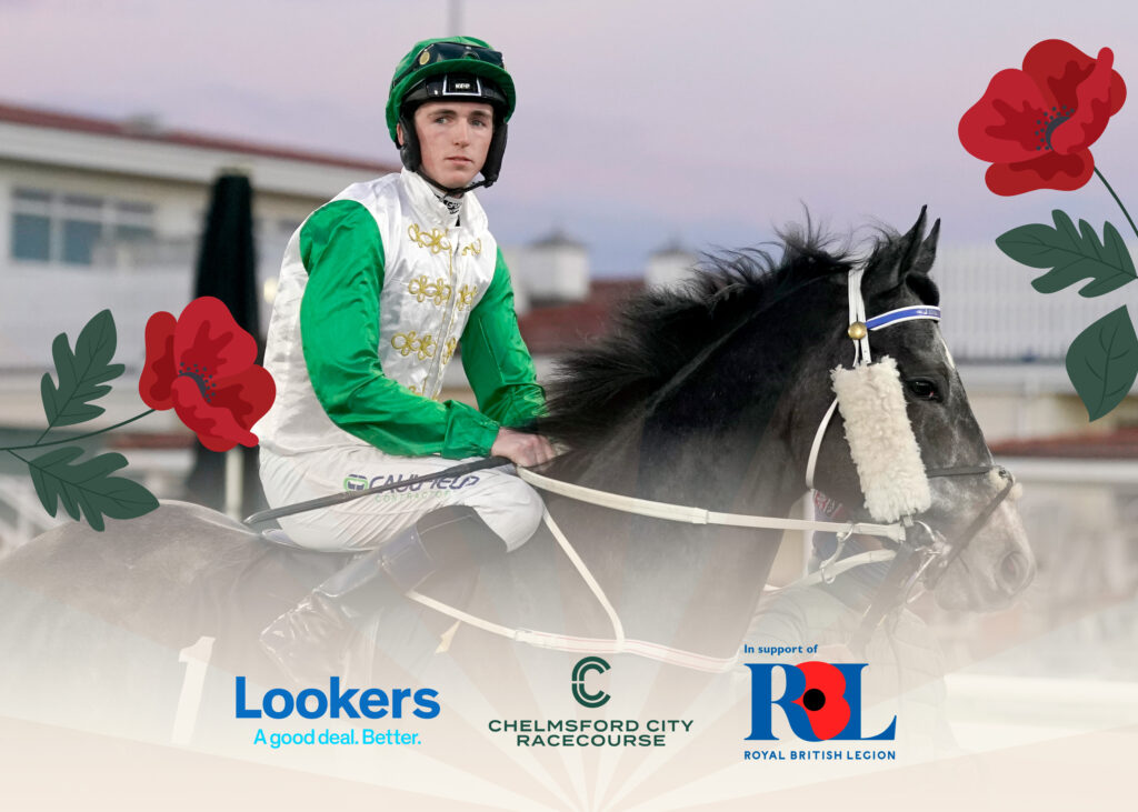 Jockey on a horse with Lookers logo, Royal British Legion logo and Chelmsford City Racecourse logo representing our collaboration for Remembrance Raceday 2023.